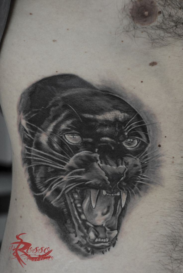 Grey Eyes Black Panther Head Tattoo On Rib Side