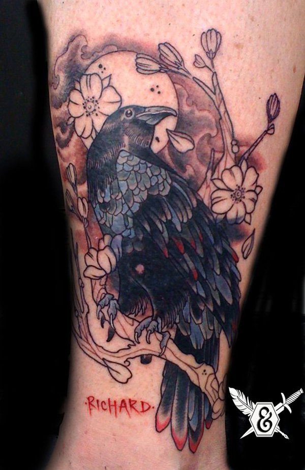 Grey Flowers And Raven Tattoo On Leg