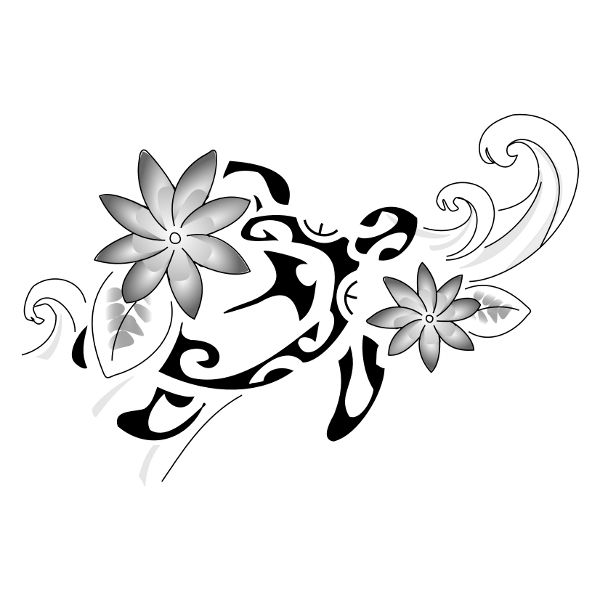 Grey Flowers And Tribal Turtle Tattoo Design