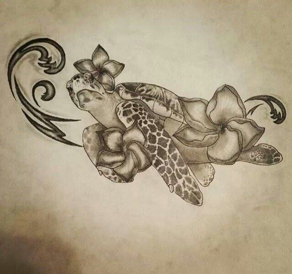 Grey Hawaiian Flowers and Sea Turtle Tattoo Design