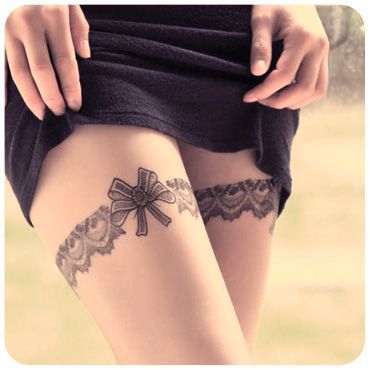 Grey Ink Bow Lace Tattoos On Girl Both Thigh