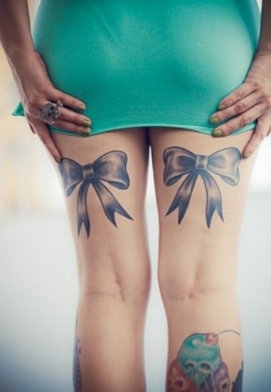 Grey Ink Bow Tattoos On Back Thighs