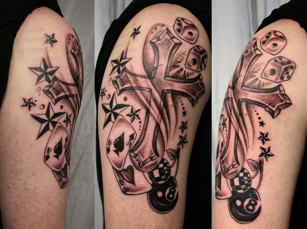 Grey Ink Cross With Nautical Star Tattoos On Right Shoulder