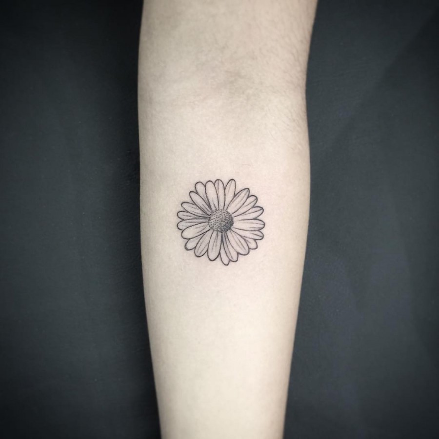 Grey Ink Daisy Flower Tattoo On Left Forearm by Tassiobacelar