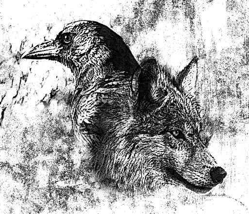 Grey Ink Dotwork Wolf Head and Raven Tattoo