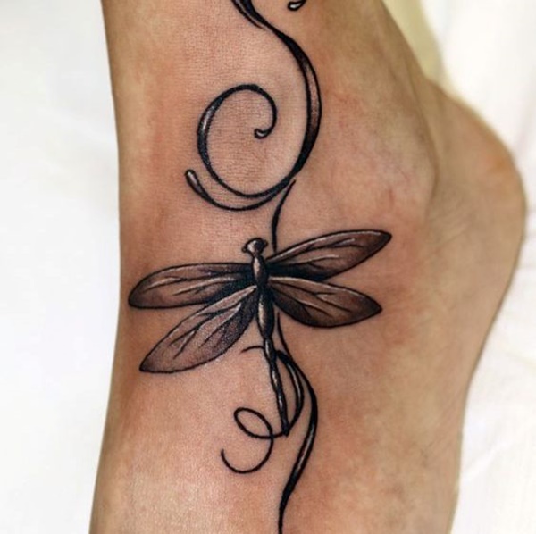 Grey Ink Dragonfly Tattoo On Left Foot