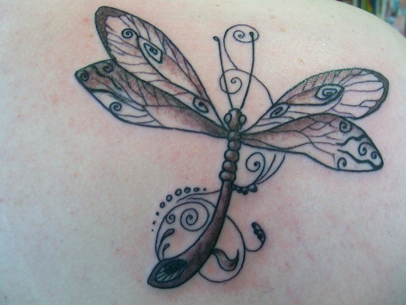 Grey Ink Dragonfly Tattoo On right Back Shoulder