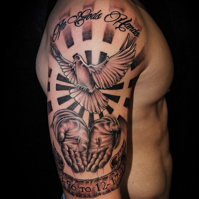 Grey Ink Flying Dove Tattoo On Man Right Half Sleeve