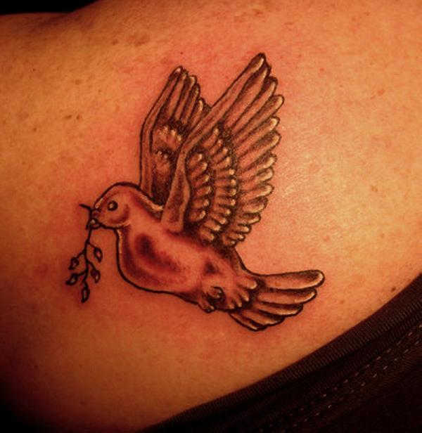 Grey Ink Flying Peace Dove Tattoo