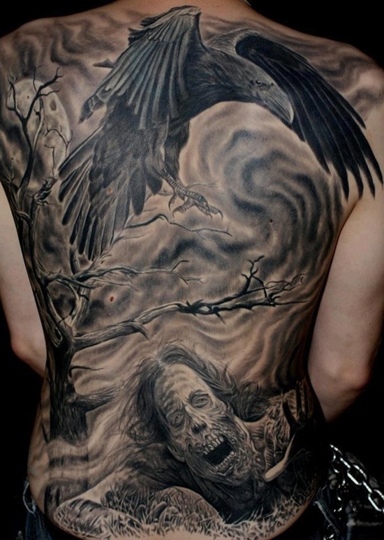Grey Ink Flying Raven And Mummy Tattoo On Full Back