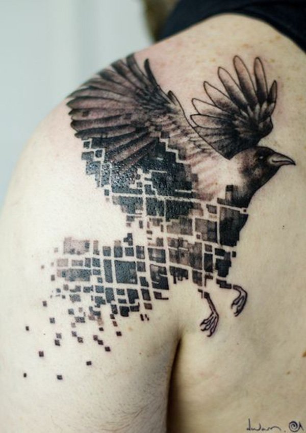 Grey Ink Flying Raven Tattoo On Girl Back Shoulder