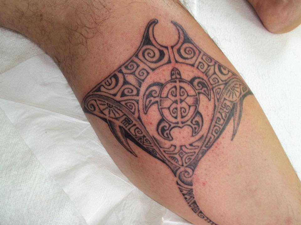Grey Ink Hawaiian Turtle Tattoo On Side Leg