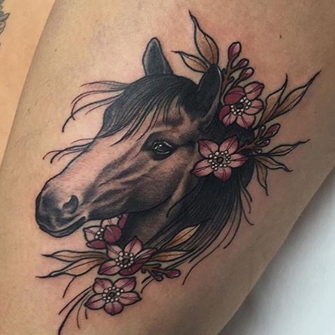 Grey Ink Horse Head With Flowers Tattoo On Thigh