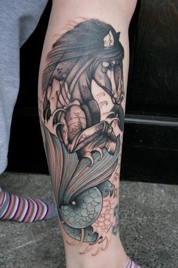 Grey Ink Horse Tattoo On Leg Sleeve