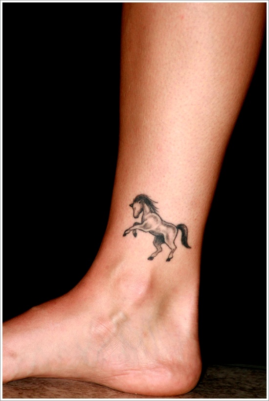 Grey Ink Horse Tattoo On Side Leg