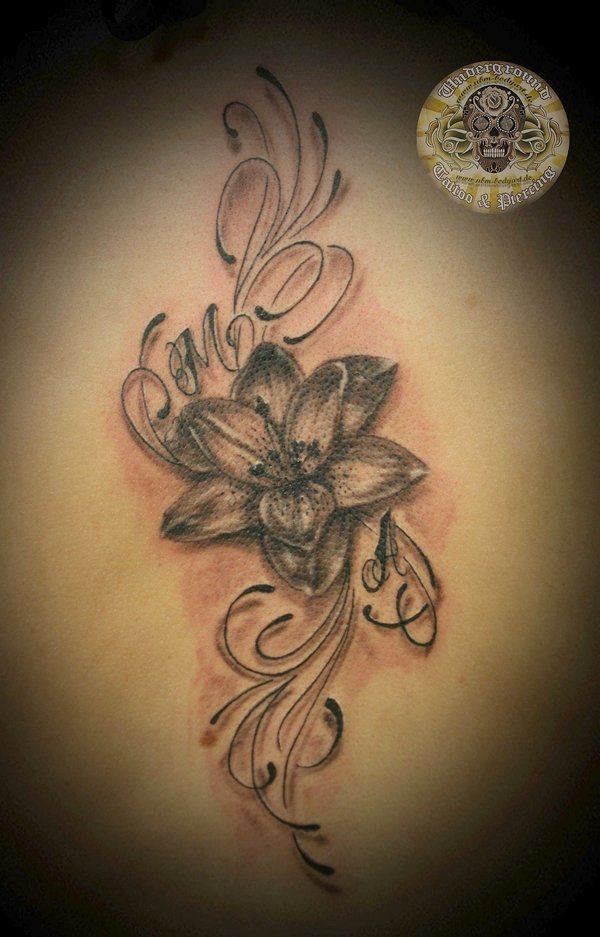 Grey Ink Lily Flower Tattoo On Upper Back