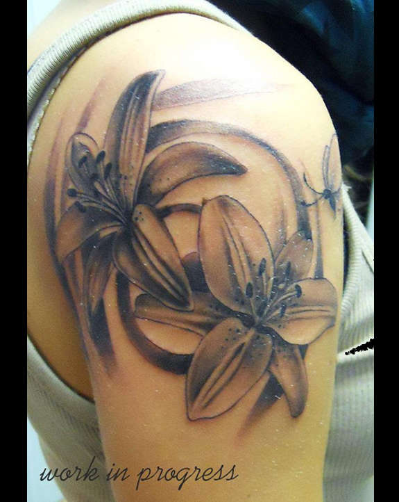 Grey Ink Lily Tattoos On Right Shoulder