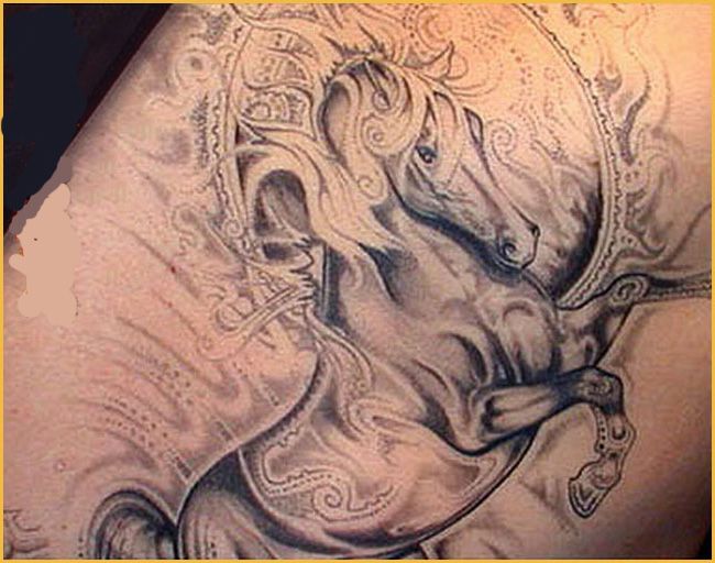 Grey Ink Mirror And Horse Tattoo Idea