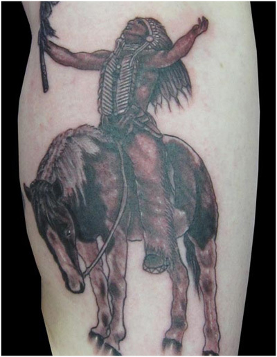 Grey Ink Native Horse Tattoo On Arm Sleeve