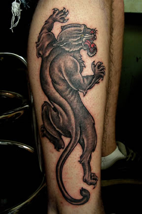 Grey Ink Panther Tattoo On Side Leg