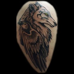 Grey Ink Raven And Wolf Head Tattoo Design