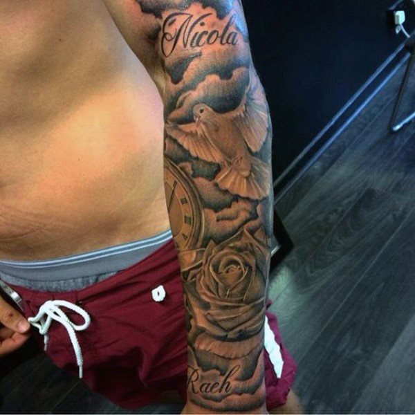 Grey Ink Roses And Flying Dove Tattoo On Man Left Sleeve