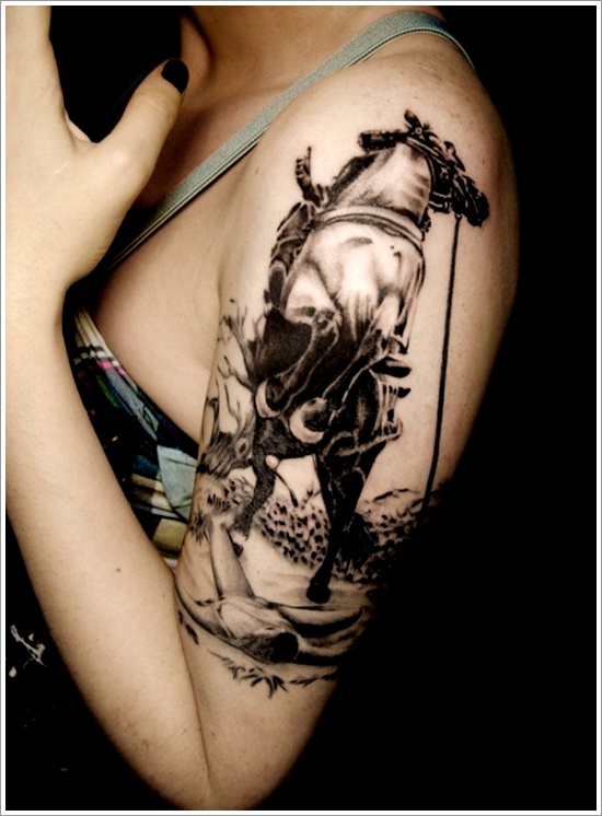 Grey Ink Running Horse Tattoo On Girl Left Half Sleeve