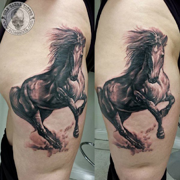 Grey Ink Running Horse Tattoo On Side Leg