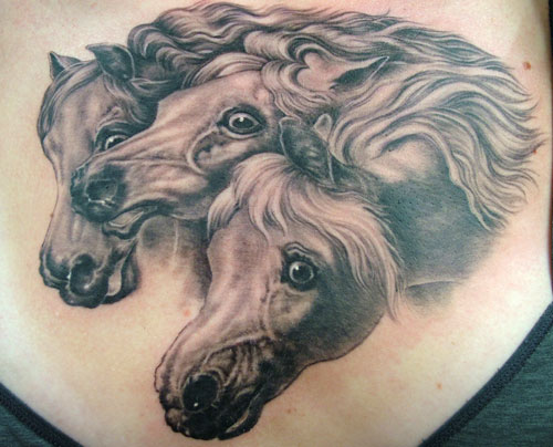 Grey Ink Three Horse Head Tattoos