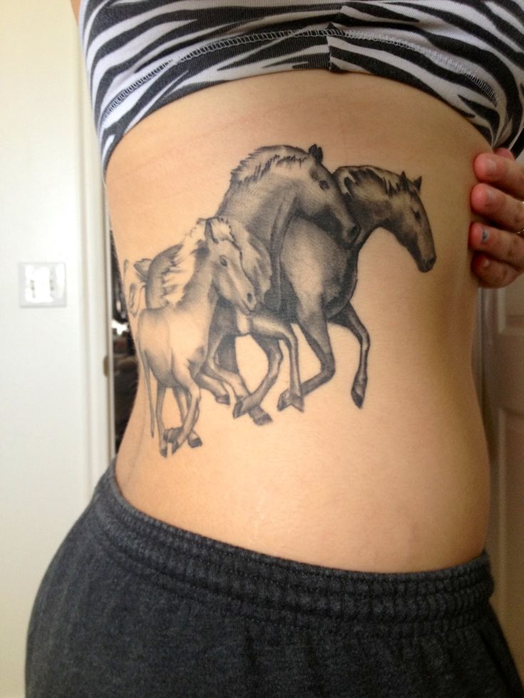 Grey Ink Three Running Horse Tattoos On Side Rib