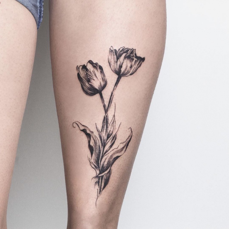 Grey Ink Tulip Flowers Tattoos On Back Leg