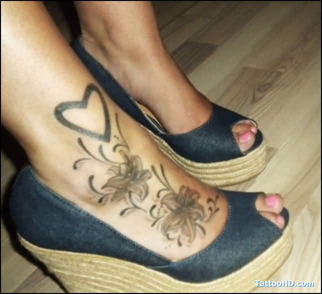 Grey Lily And Heart Tattoo On Right Foot