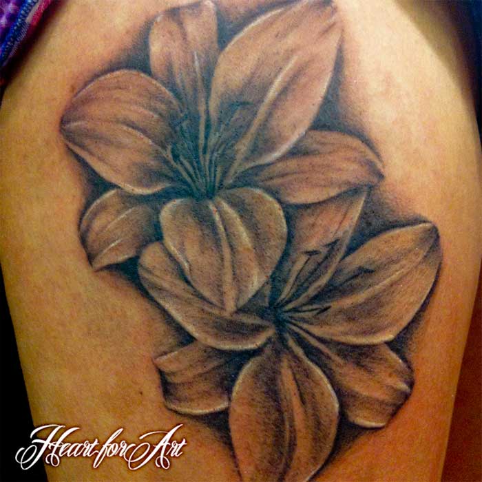 Grey Lily Flowers Tattoos On Thigh by Heart For Art