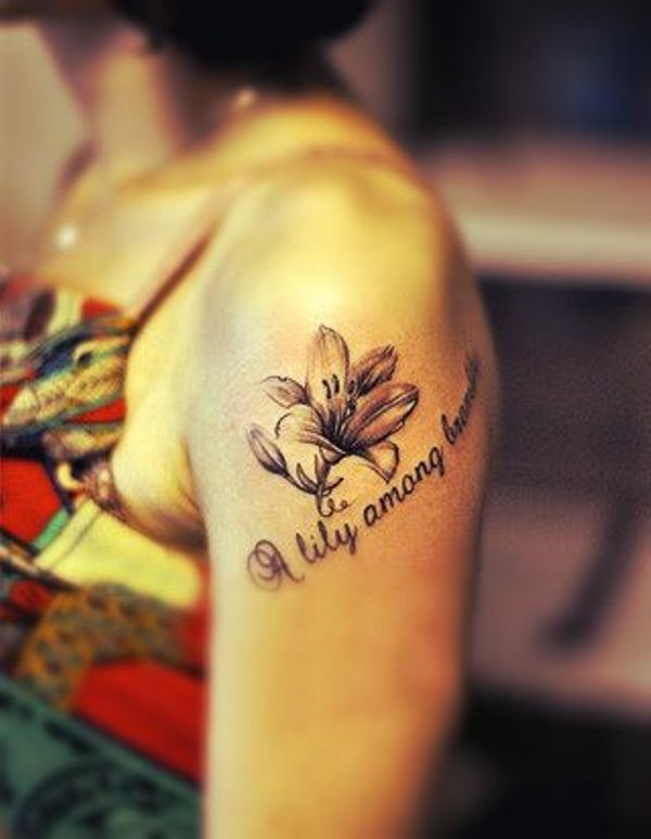 Grey Lily Flower Tattoo On Girl Left Shoulder
