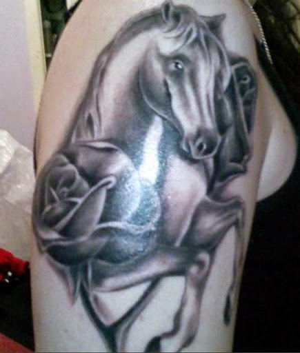 Grey Roses And 3D Horse Tattoo On Shoulder