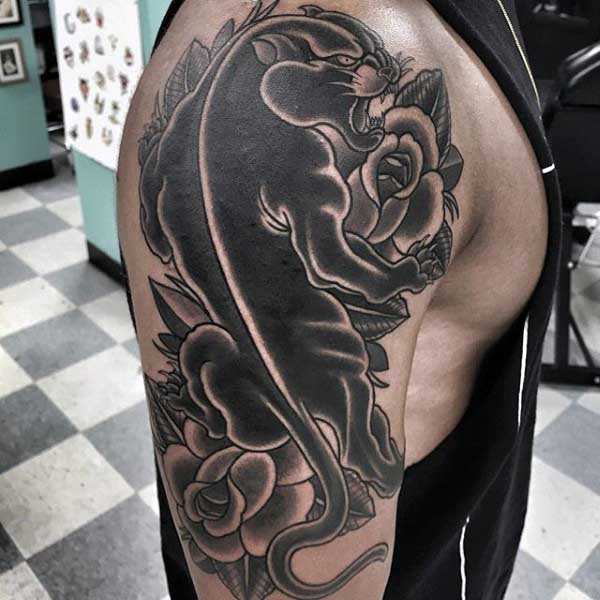 Grey Roses And Black Panther Tattoo On Right Half Sleeve