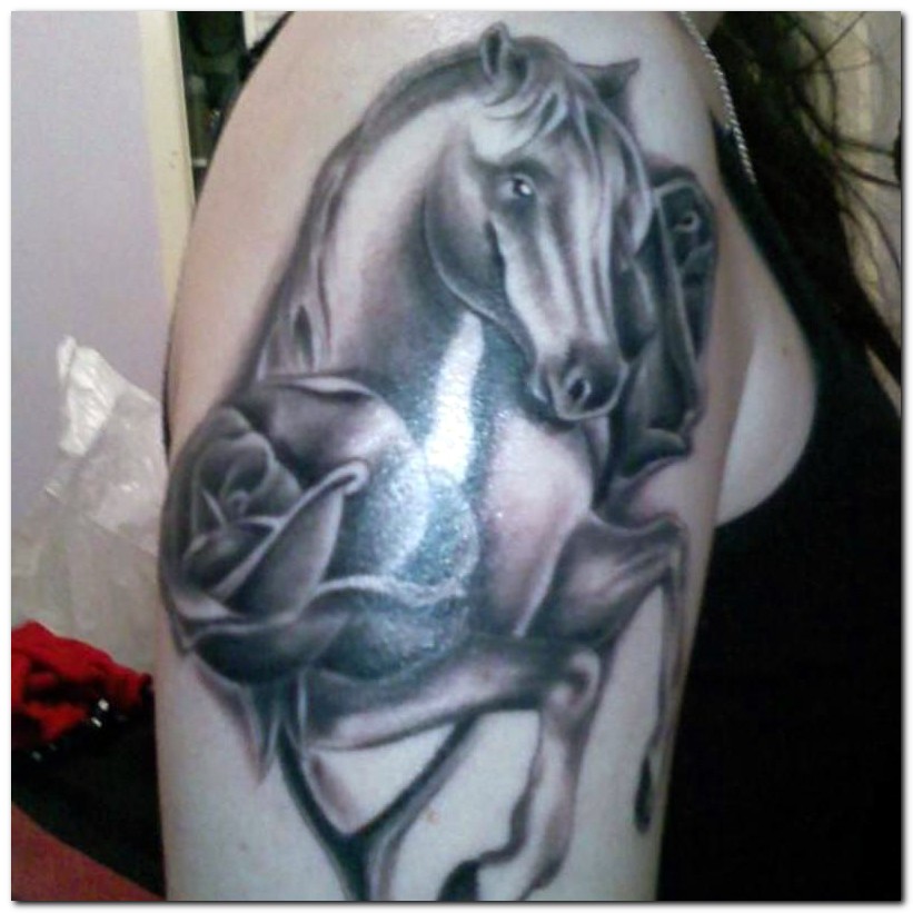 Grey Roses And Horse Head Tattoo On Right Shoulder