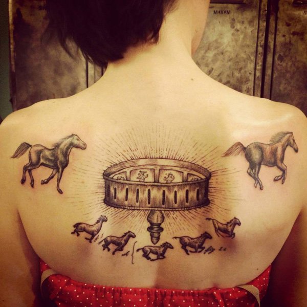 Grey Running Horse Tattoos On Girl Upper Back