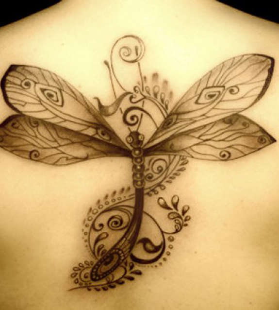 Grey Tribal Dragonfly Tattoo On Back Body