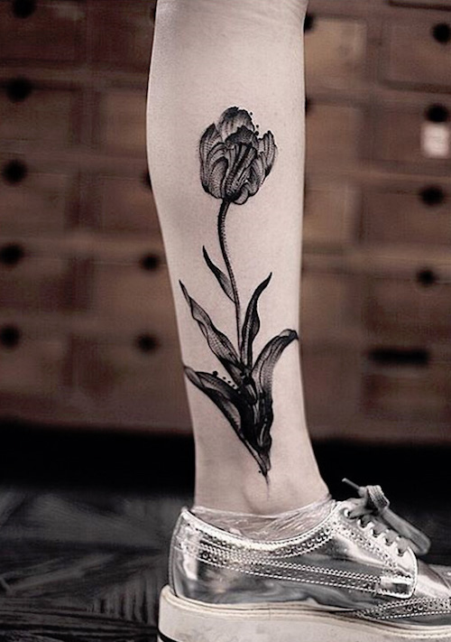 Grey Tulip Flower Tattoo On Side Leg