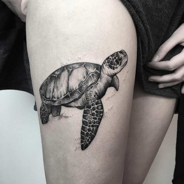 Grey Turtle Tattoo On Right Thigh