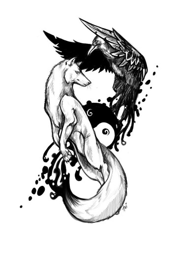 Grey Wolf And Flying Raven Tattoo Design