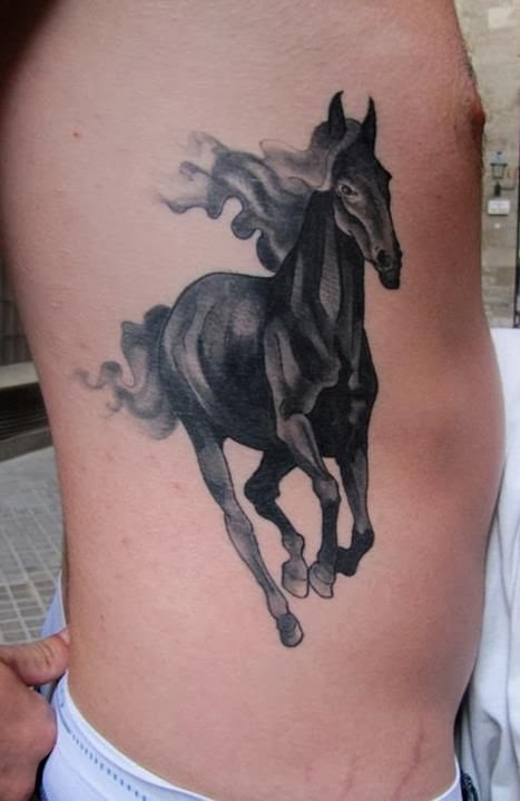 Grey and Black 3D Horse Tattoo On Man Side Rib