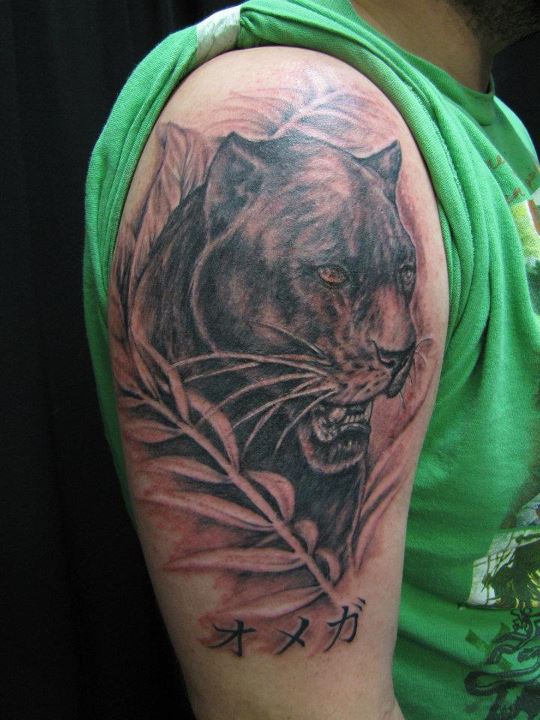 Grey and Black Panther Tattoo On Right Half Sleeve