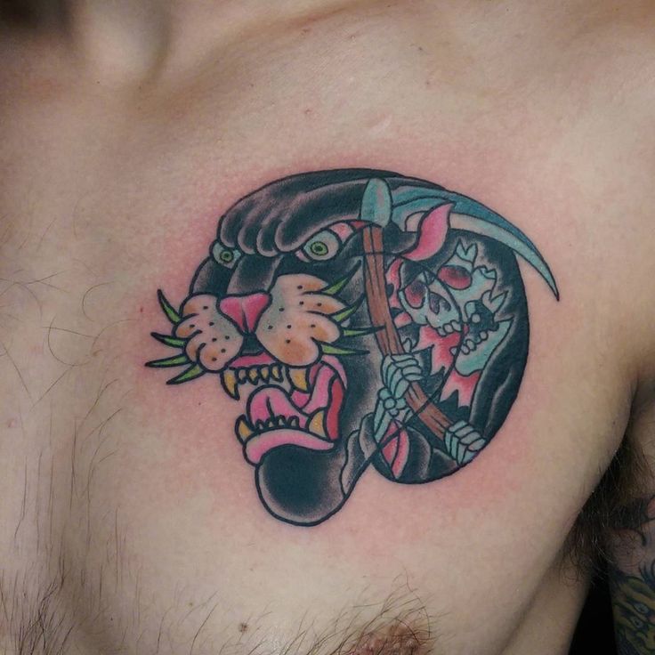 Grim Reaper On Panther Head Tattoo On Man Chest