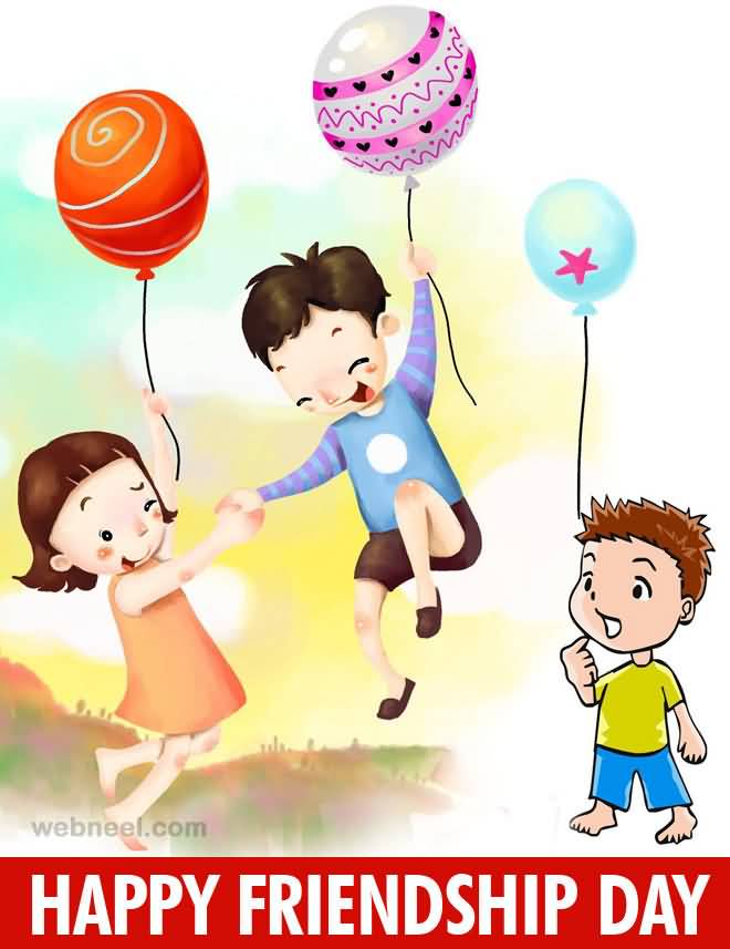 Happy Friendship Day Three Friends With Balloons Illustration