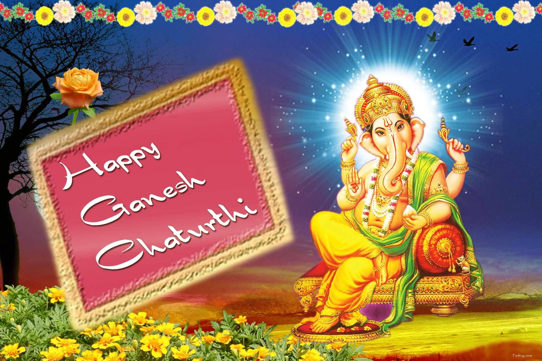 Happy Ganesh Chaturthi Greeting Card With Flower