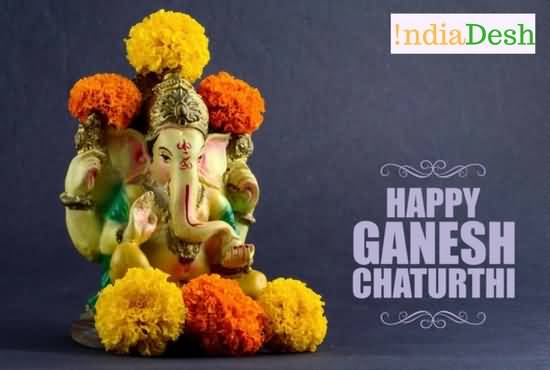 Happy Ganesh Chaturthi Lord Ganesha Idol With Flowers