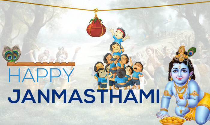 Happy Janmashtami Kids With Dahi Handi In Background