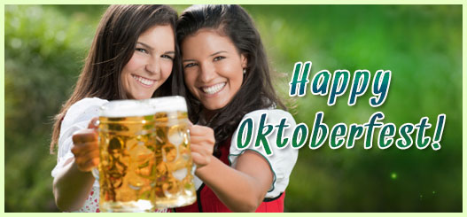 Happy Oktoberfest Girls Showing Beer Mugs